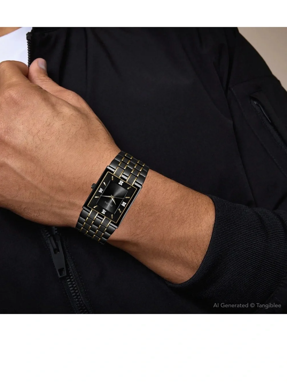 Men's Bulova Diamond Accent Two-Tone Black & Gold Rectangular Dial (98D004) NWT